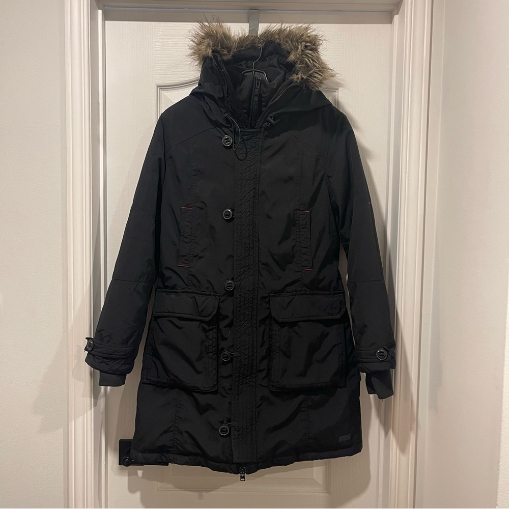 Roots Black Down Parka Jacket with Faux Fur Trim Size Large
